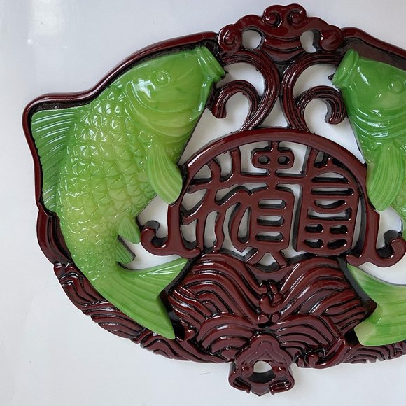 Beautiful Vintage Feng Shui Chinese Good Luck Green Resin Koi Fish Wood Wall Han - Picture 4 of 8